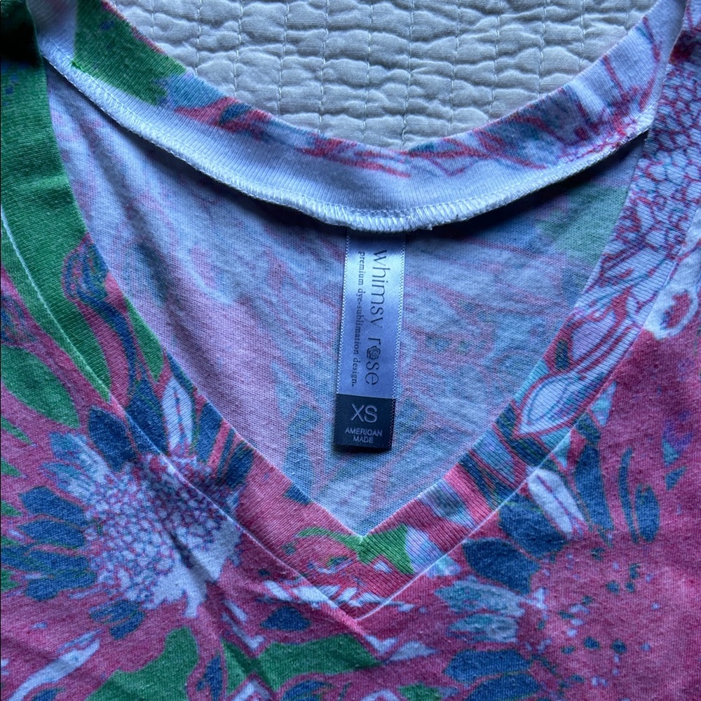 Funky Fractal Floral Mini Dress with V-Neck and Aqua Patterned Sleeves, XS - Picture 2 of 8